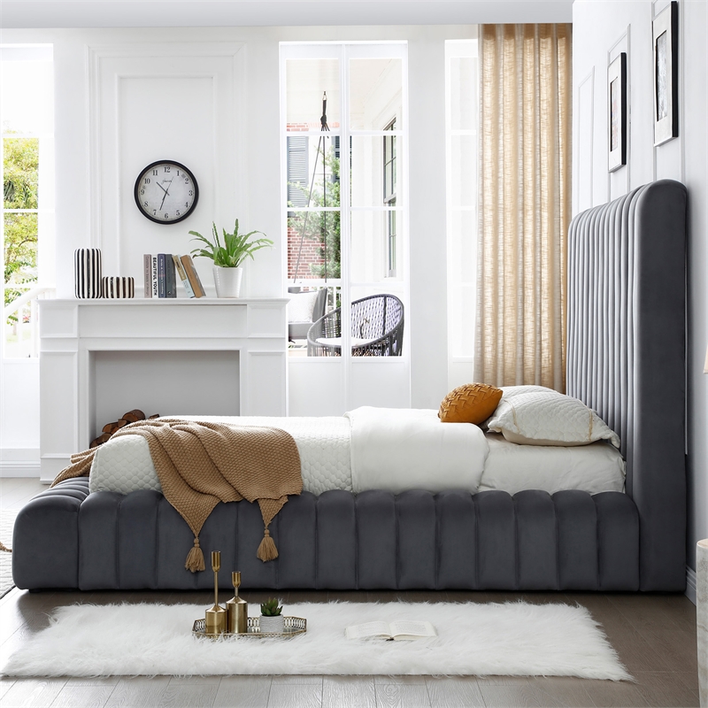 Avalon Velvet Upholstered King Platform Bed in Gray