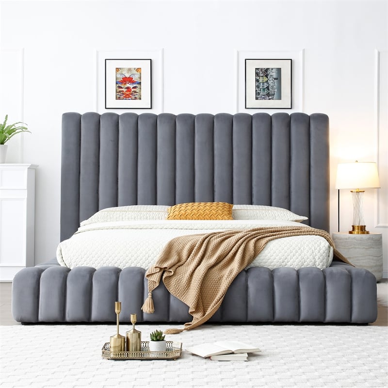 Avalon Velvet Upholstered King Platform Bed in Gray