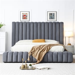 Avalon Velvet Upholstered King Platform Bed in Gray
