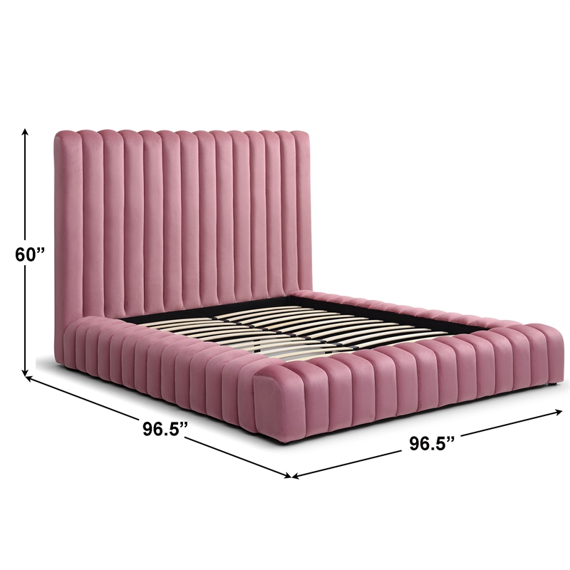Avalon Velvet Upholstered King Platform Bed in Pink