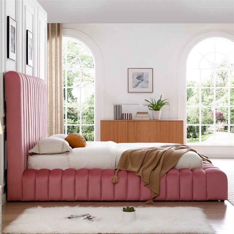 Avalon Velvet Upholstered King Platform Bed in Pink