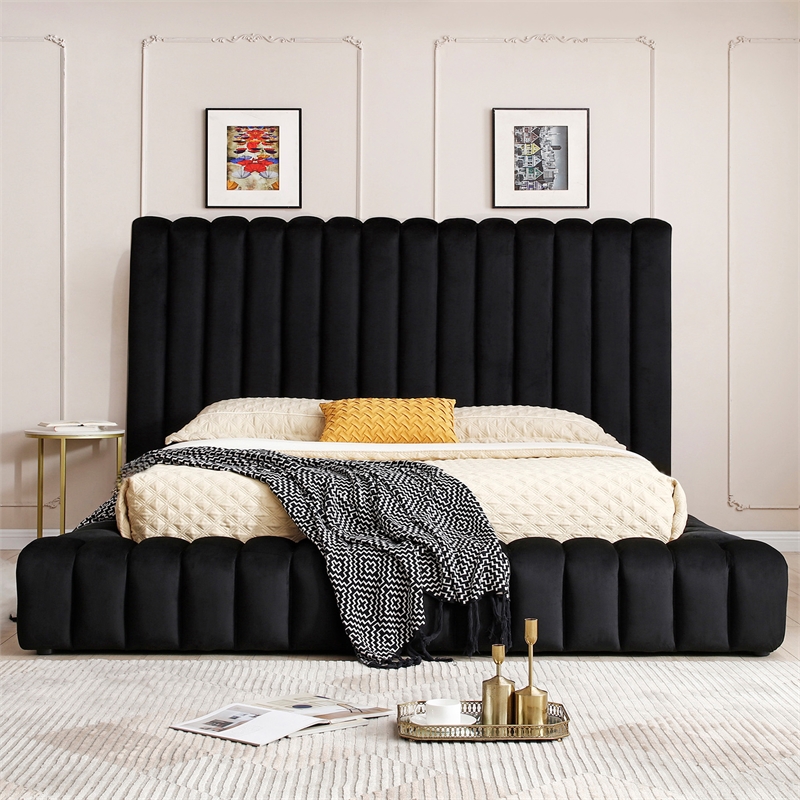 Avalon Velvet Upholstered King Platform Bed in Black