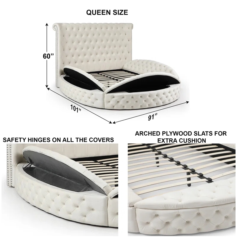 Upholstered Queen Round Storage Bed in Cream Color