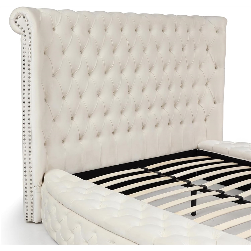 Upholstered Queen Round Storage Bed in Cream Color
