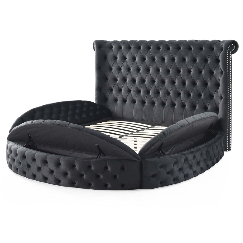Upholstered Queen Round Storage Bed in Black Color