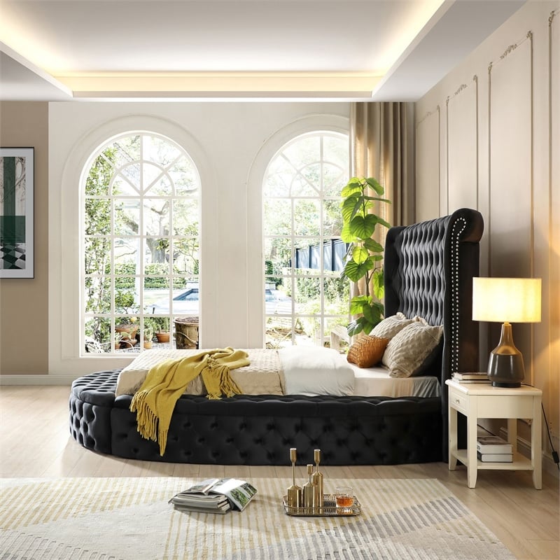 Upholstered Queen Round Storage Bed in Black Color
