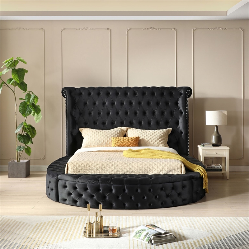 Upholstered Queen Round Storage Bed in Black Color