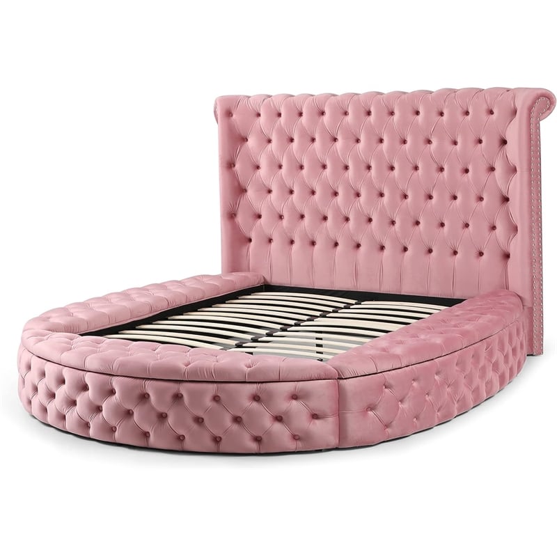 Upholstered Queen Round Storage Bed in Pink Color