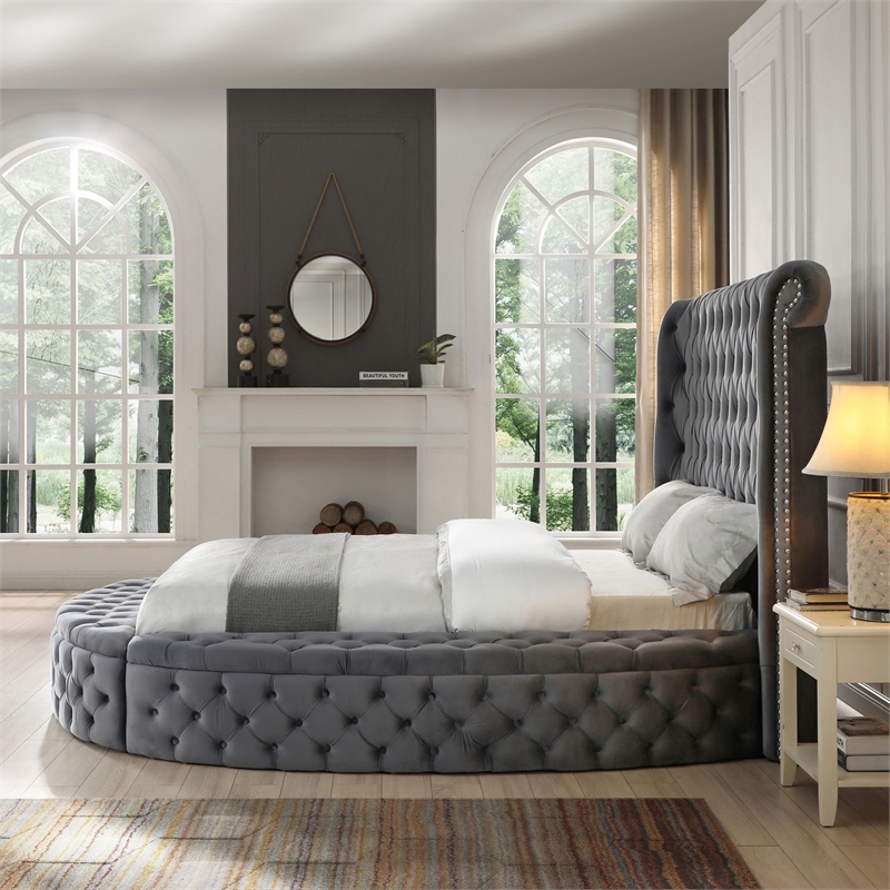 Upholstered Queen Round Storage Bed in Gray Color