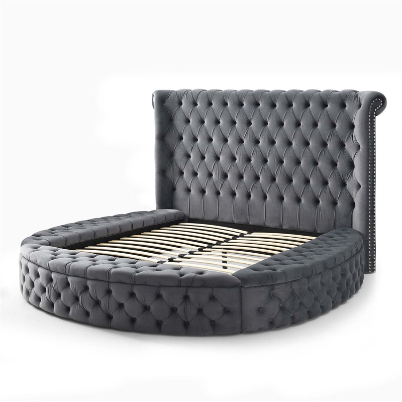 Upholstered Queen Round Storage Bed in Gray Color