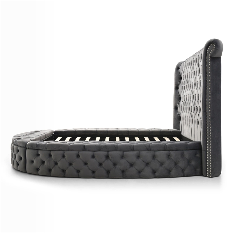 Upholstered Queen Round Storage Bed in Gray Color