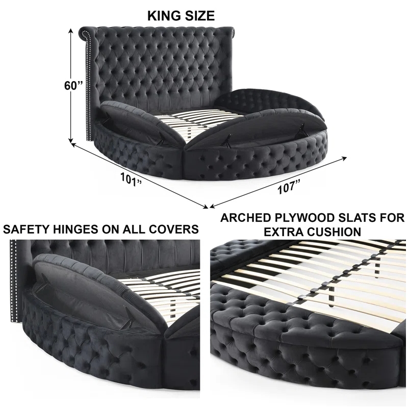 Upholstered King Round Storage Bed in Black Color