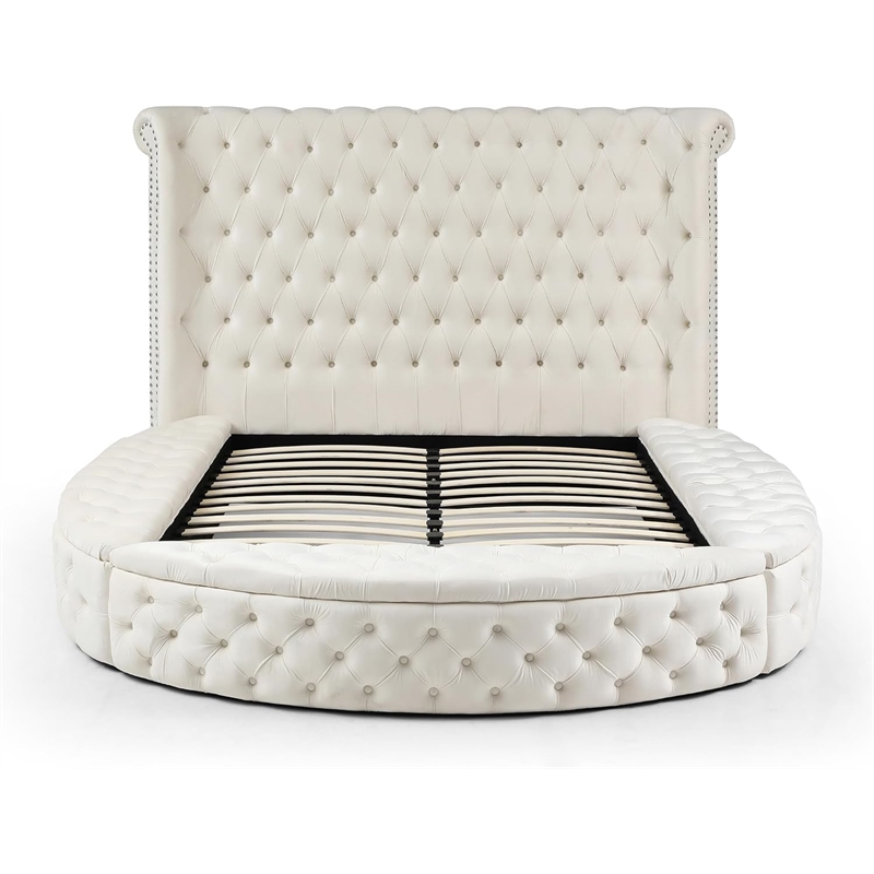 Upholstered King Round Storage Bed in Cream Color