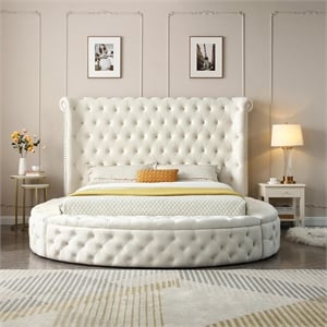 Upholstered King Round Storage Bed in Cream Color