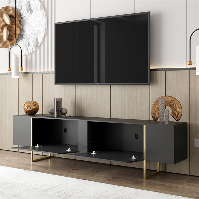 TV Stand 100 with Gold legs and two spacious doors in Black