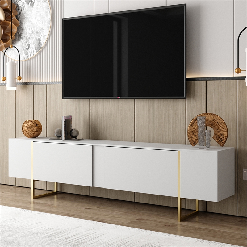 TV Stand 100 with Gold legs and two spacious doors in White