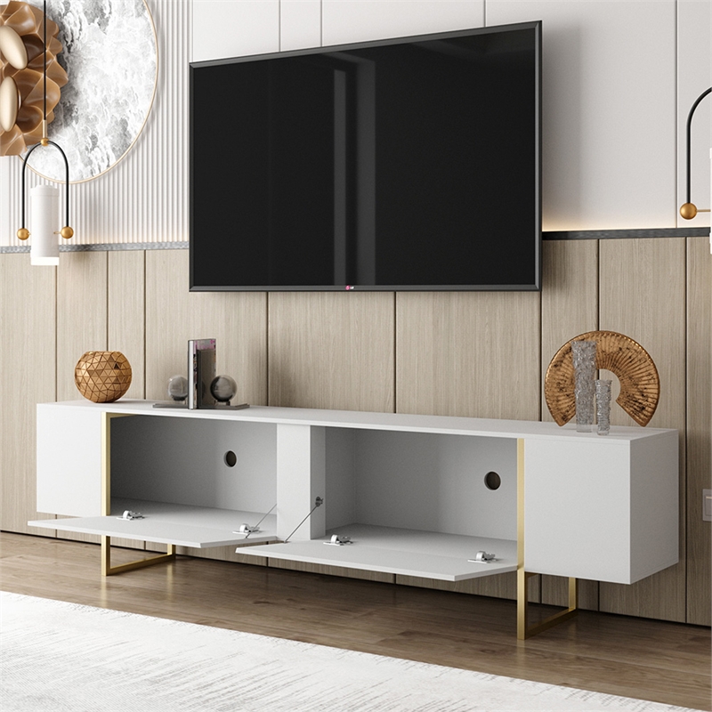 TV Stand 100 with Gold legs and two spacious doors in White