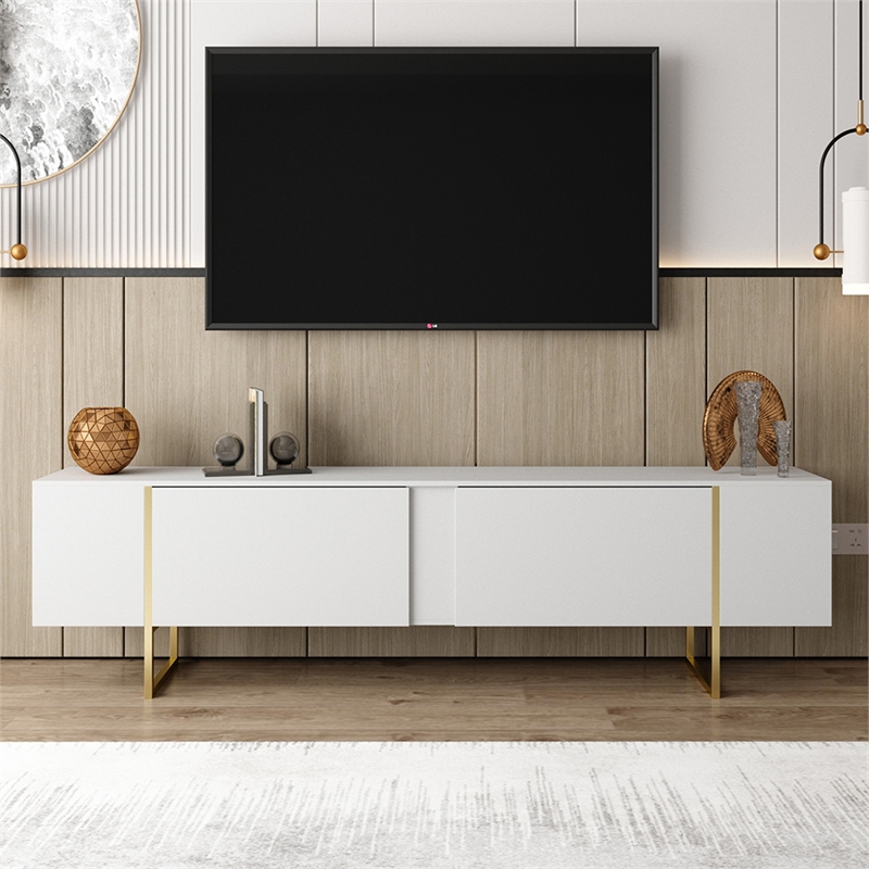 TV Stand 100 with Gold legs and two spacious doors in White