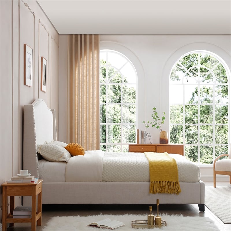 Hampton Linen Fabric Upholstered Twin Platform Bed in Cream