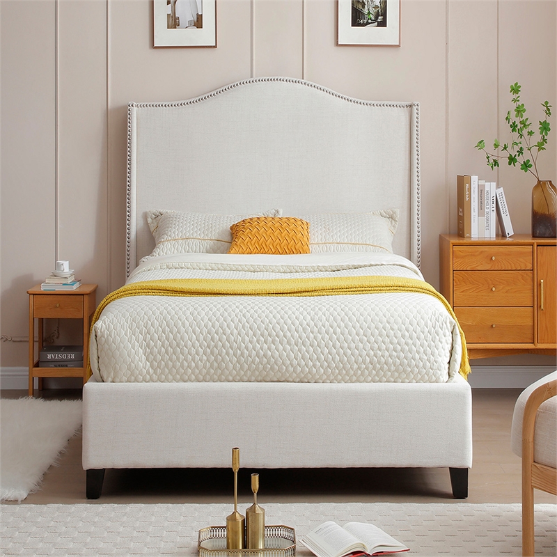 Hampton Linen Fabric Upholstered Twin Platform Bed in Cream