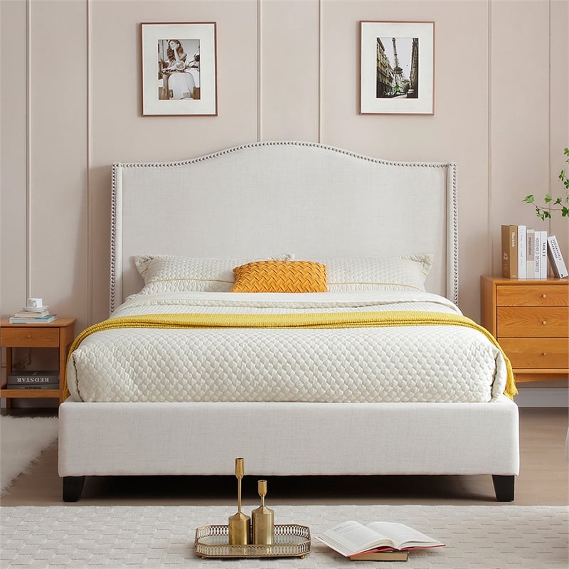 Hampton Linen Fabric Upholstered Queen Platform Bed in Cream