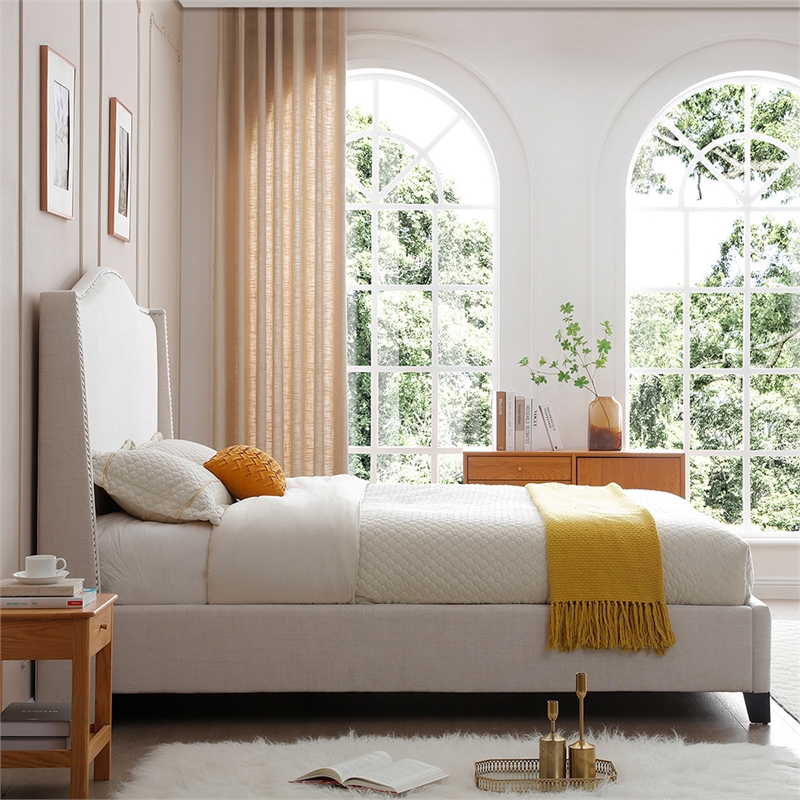 Hampton Linen Fabric Upholstered Queen Platform Bed in Cream