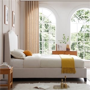 Hampton Linen Fabric Upholstered Queen Platform Bed in Cream