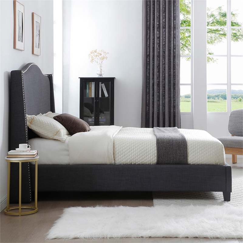 Hampton Linen Fabric Upholstered Queen Platform Bed in Charcoal