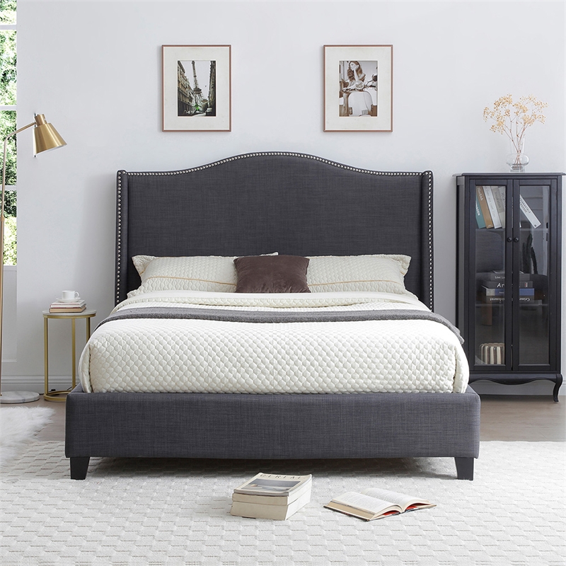 Hampton Linen Fabric Upholstered Queen Platform Bed in Charcoal