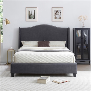 Hampton Linen Fabric Upholstered Queen Platform Bed in Charcoal