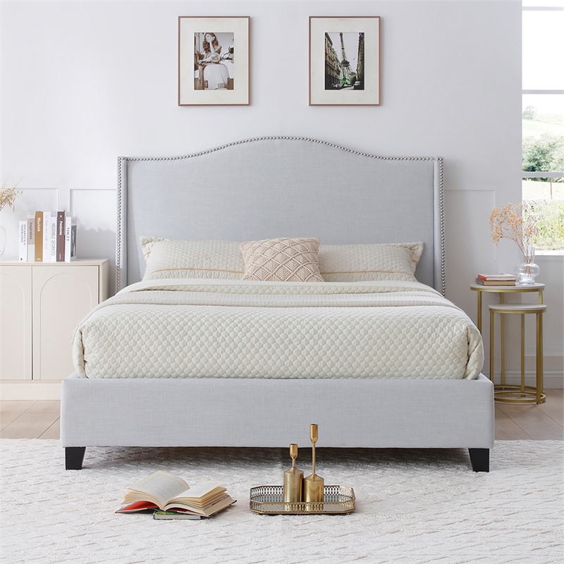 Hampton Linen Fabric Upholstered Queen Platform Bed in Light Blue