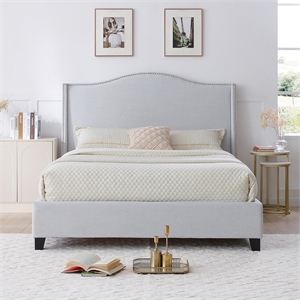 Hampton Linen Fabric Upholstered Queen Platform Bed in Light Blue