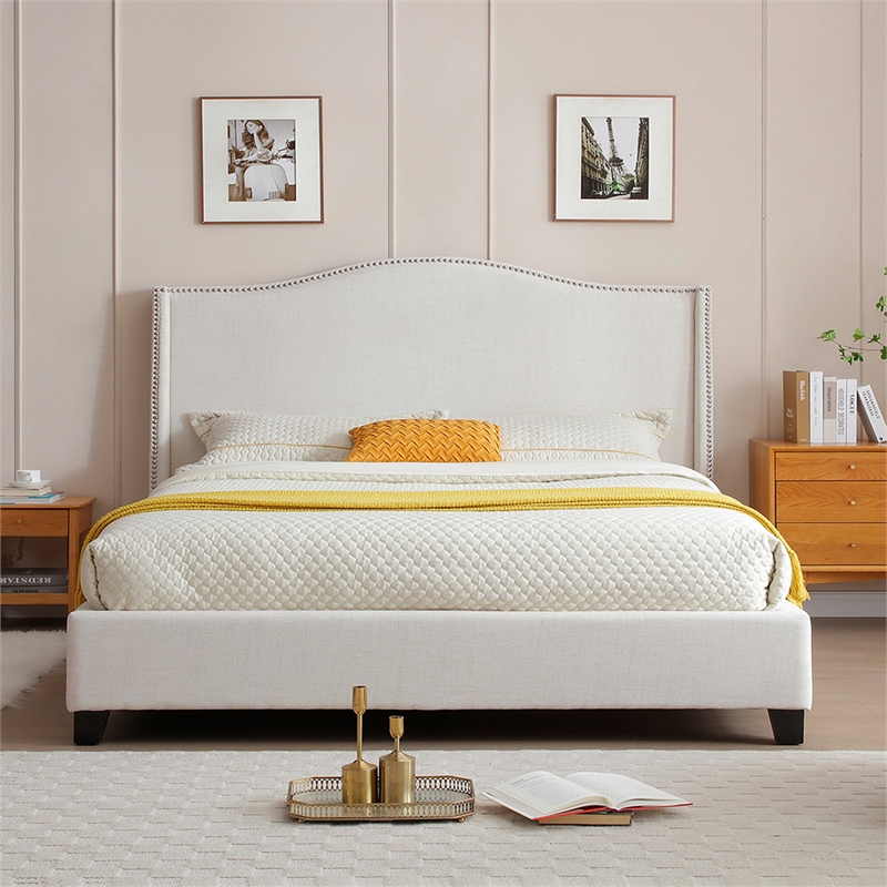 Hampton Linen Fabric Upholstered King Platform Bed in Cream