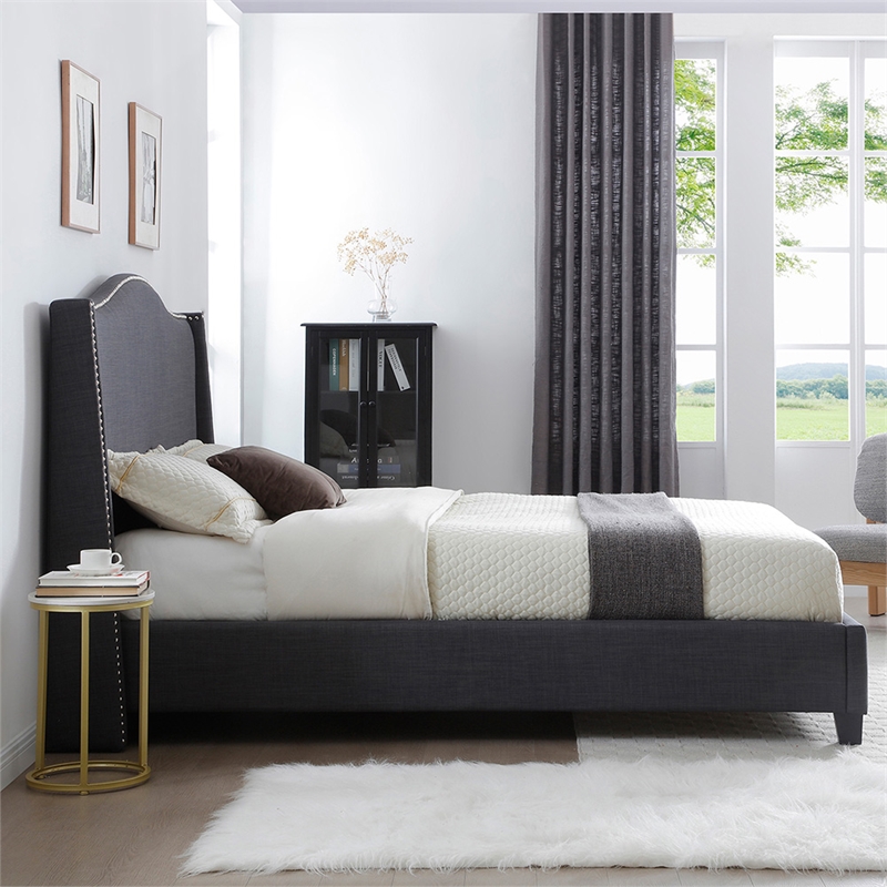 Hampton Linen Fabric Upholstered King Platform Bed in Charcoal