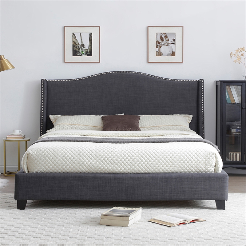 Hampton Linen Fabric Upholstered King Platform Bed in Charcoal