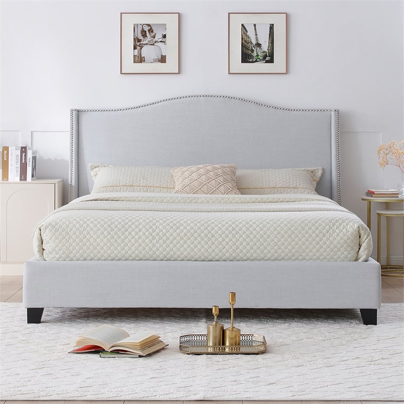 Hampton Linen Fabric Upholstered King Platform Bed in Light Blue