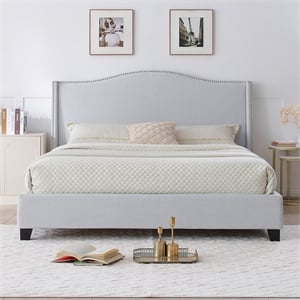 Hampton Linen Fabric Upholstered King Platform Bed in Light Blue
