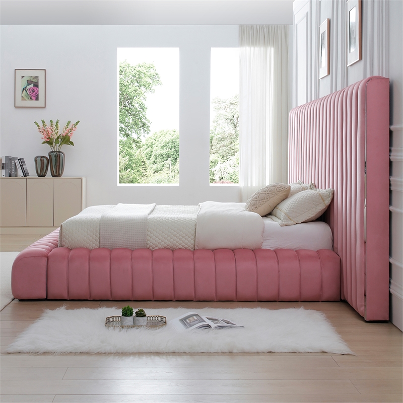Avalon Velvet Upholstered Queen Platform Bed with Wings in Pink