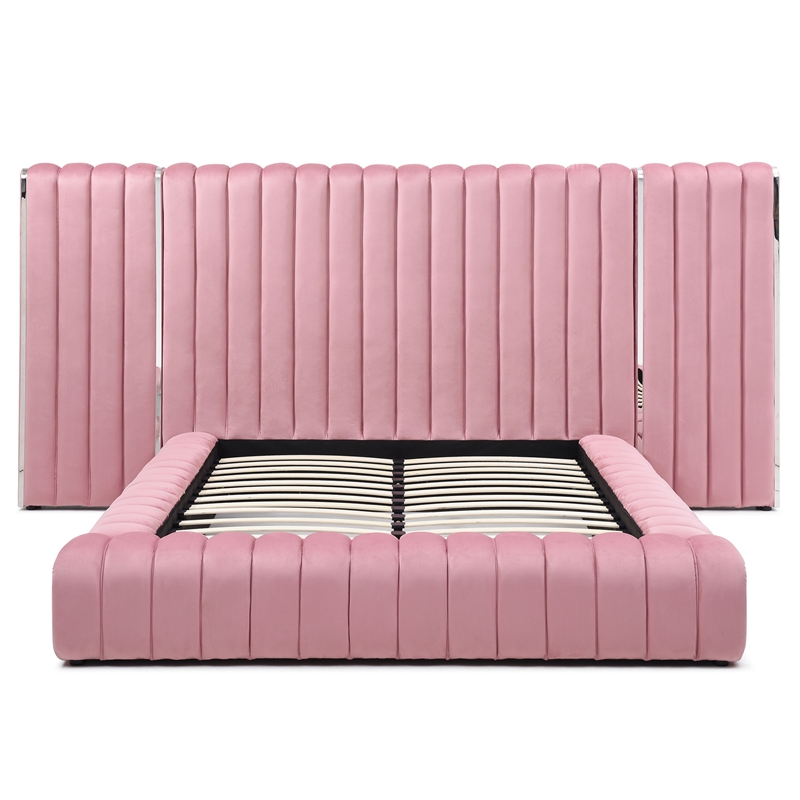 Avalon Velvet Upholstered Queen Platform Bed with Wings in Pink