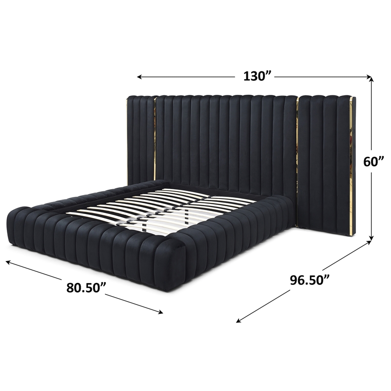 Avalon Velvet Upholstered Queen Platform Bed with Wings in Black