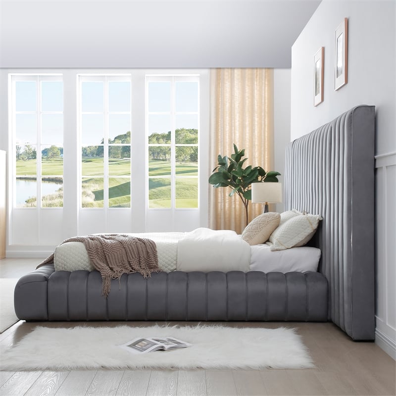 Avalon Velvet Upholstered Queen Platform Bed with Wings in Gray