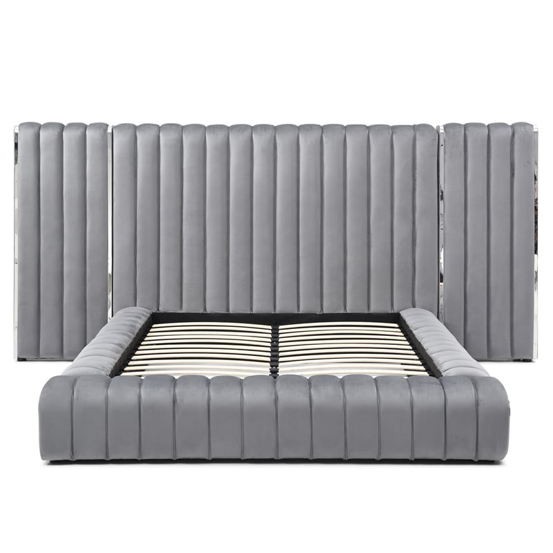 Avalon Velvet Upholstered Queen Platform Bed with Wings in Gray