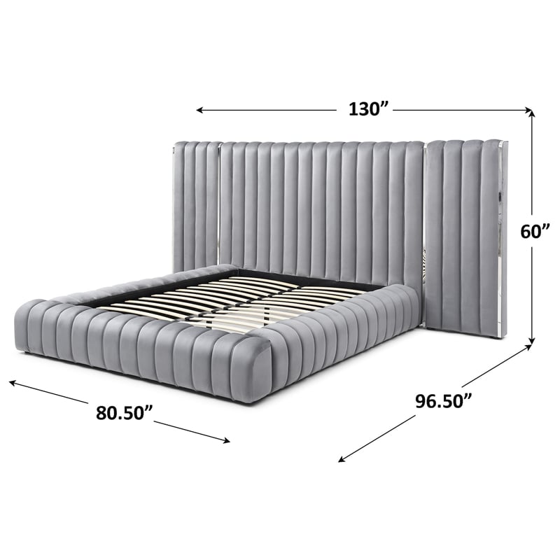 Avalon Velvet Upholstered Queen Platform Bed with Wings in Gray