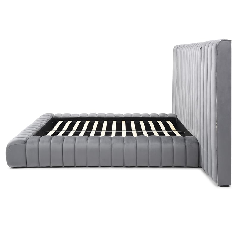 Avalon Velvet Upholstered Queen Platform Bed with Wings in Gray