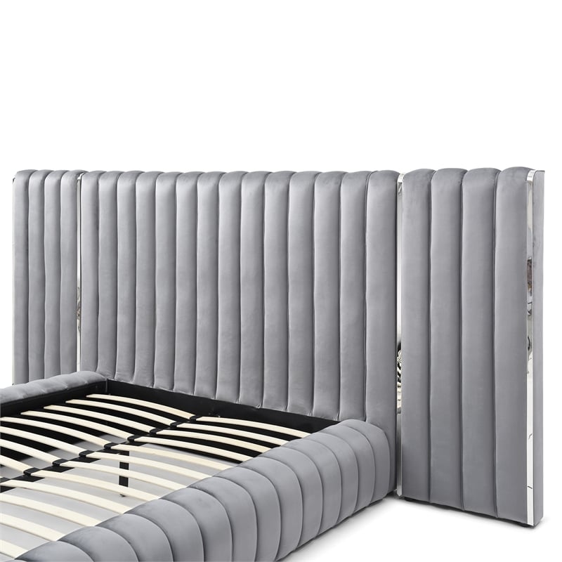 Avalon Velvet Upholstered Queen Platform Bed with Wings in Gray