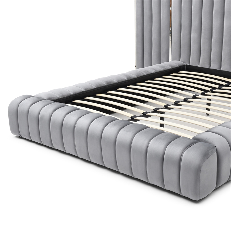 Avalon Velvet Upholstered Queen Platform Bed with Wings in Gray