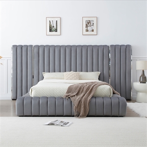 Avalon Velvet Upholstered Queen Platform Bed with Wings in Gray