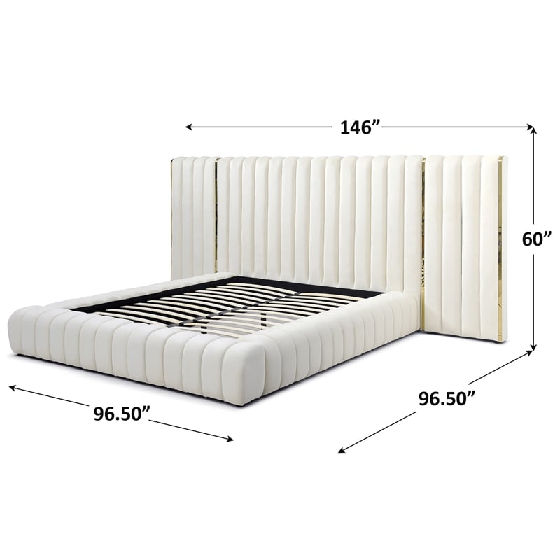 Avalon Velvet Upholstered King Platform Bed with Wings in Cream