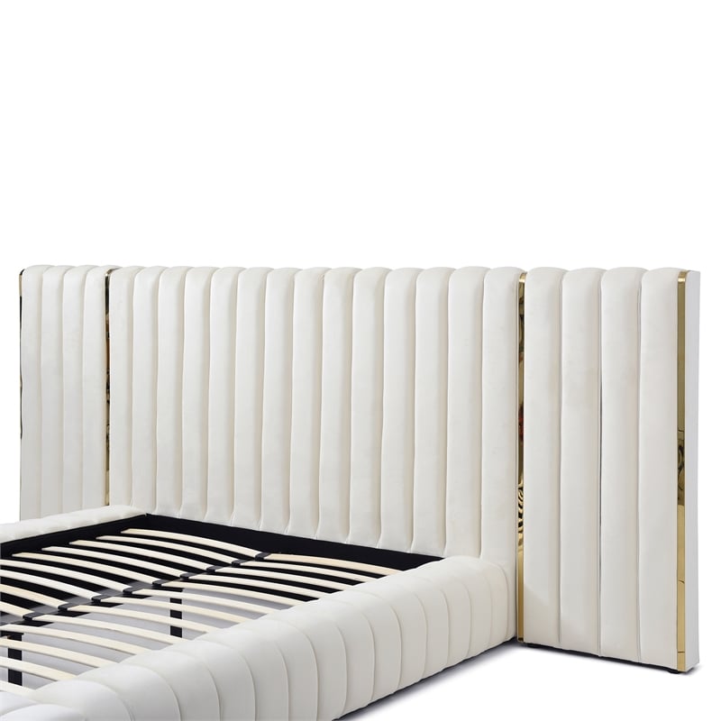 Avalon Velvet Upholstered King Platform Bed with Wings in Cream