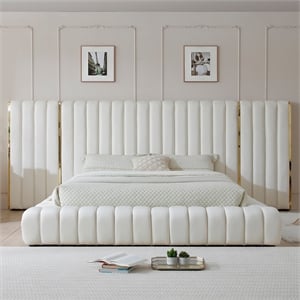 Avalon Velvet Upholstered King Platform Bed with Wings in Cream